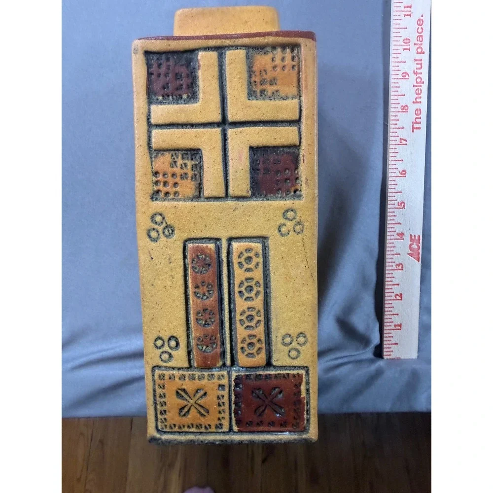 Vintage MCM Brutalist Ceramic Vase Rectangular Geometric Relief Pottery 11in